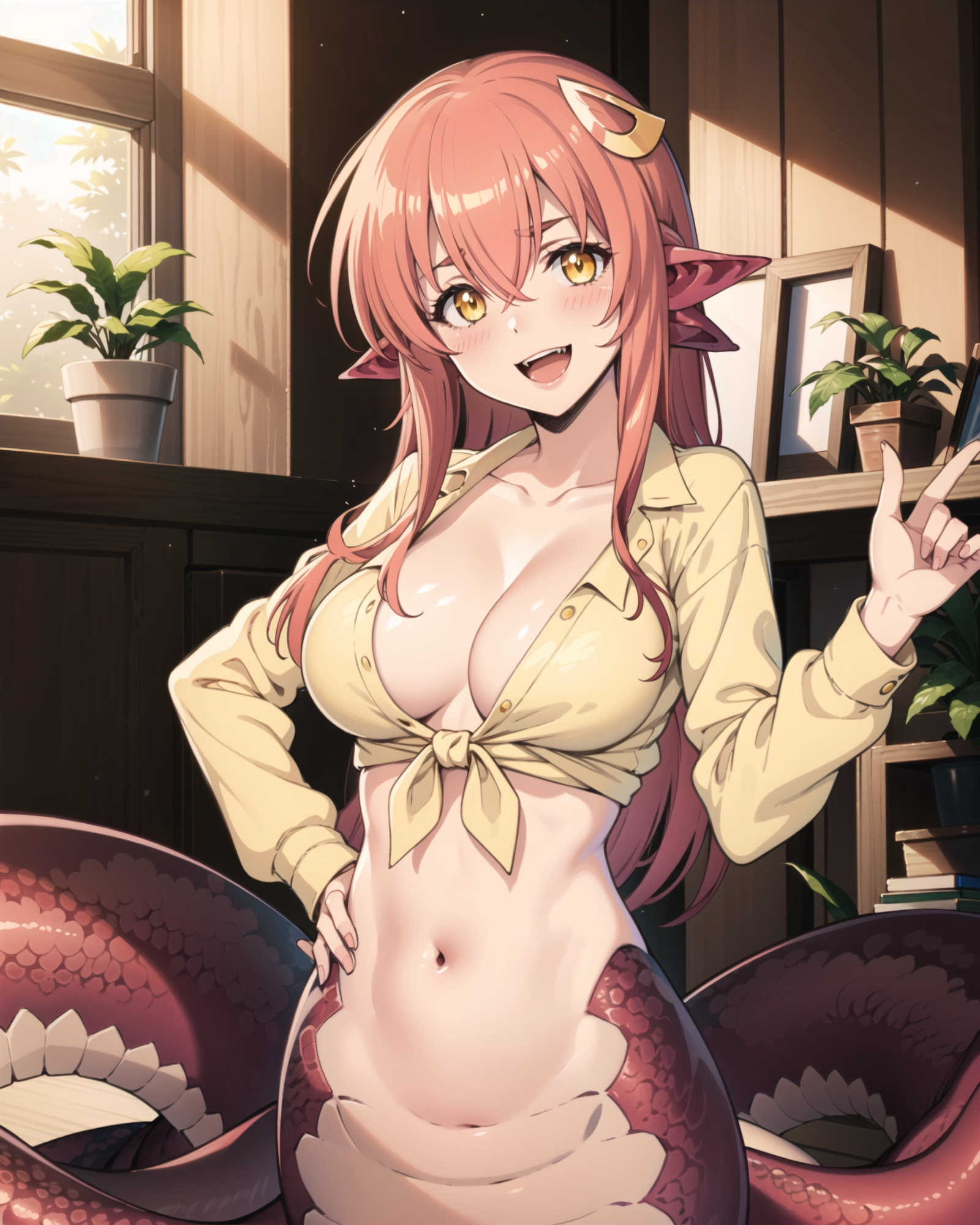 01020-605394811-_lora_LAMIA-SERY-CONCEPT_1_, _lora_MiiaV1.3_1_, 1girl, _d, bangs, belt, belt_buckle, blush, breasts, cleavage, collarbone, day,.png